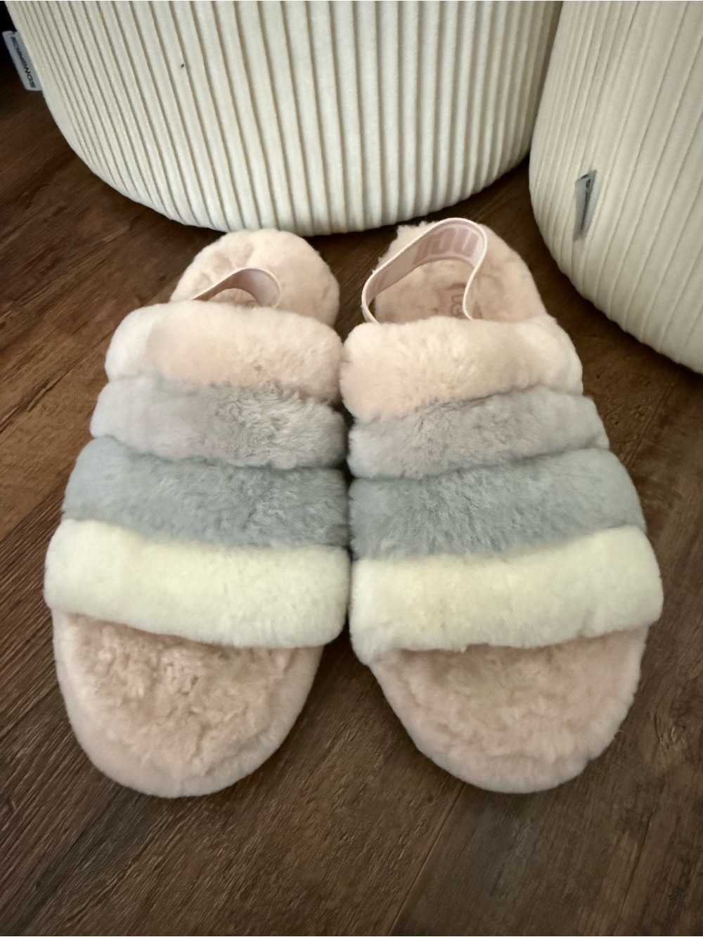 UGG Plush Multi-Stripe Shearling Slide Slippers - Cream, Gray, Pink